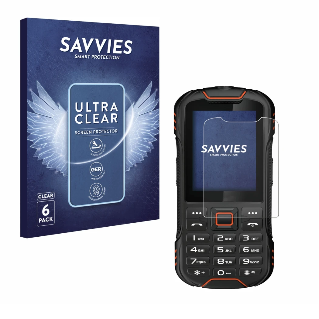 Vorderseite einer Produktverpackung mit dem Markenlogo Savvies. Daneben ist das Gerät Gigaset GLX8 mit dem zugehörigen Display