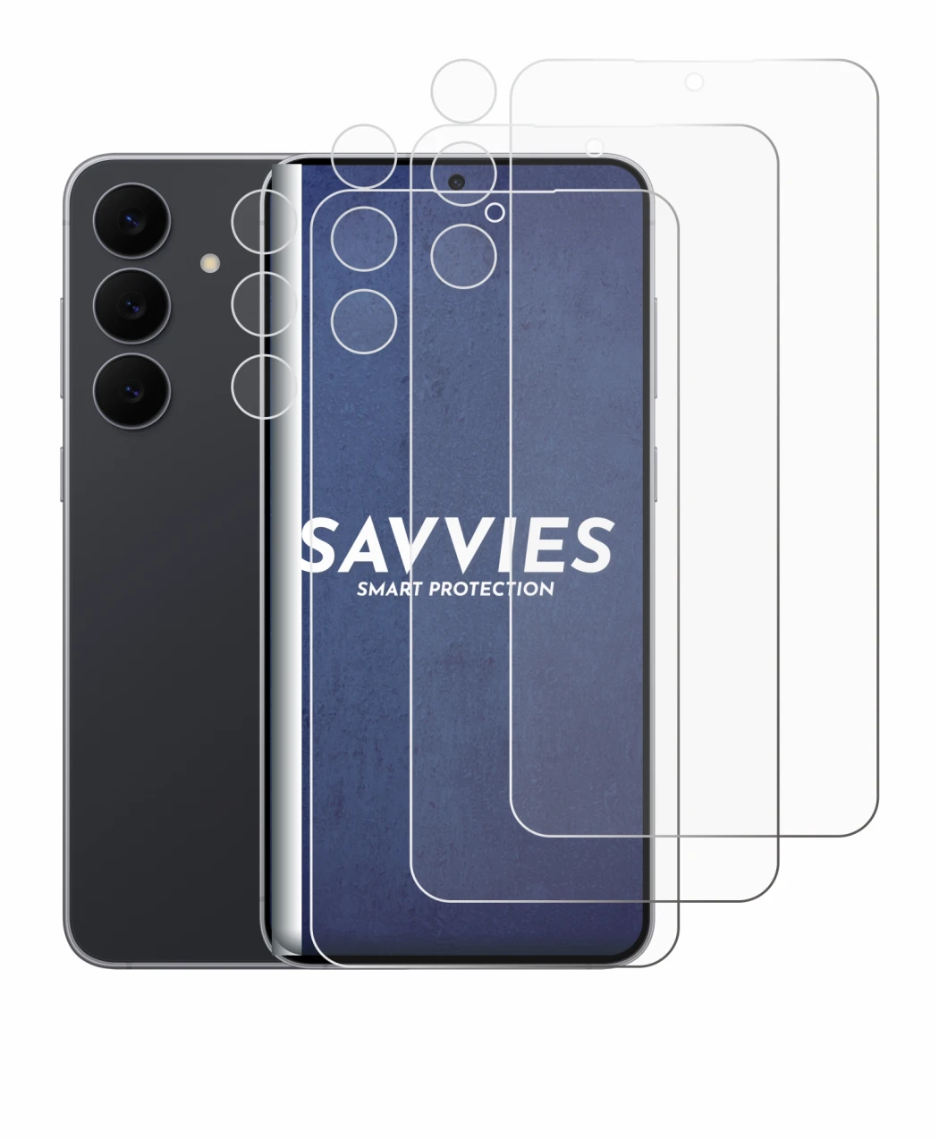 Abbildung des Geräts Samsung Galaxy S25 FE (Display+Kamera) mit einer Vielzahl des Displayschutzes.