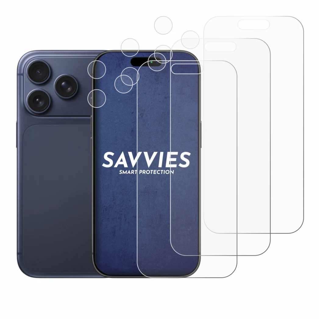 Abbildung des Geräts Apple iPhone 17 Pro (Display+Kamera) mit einer Vielzahl des Displayschutzes.