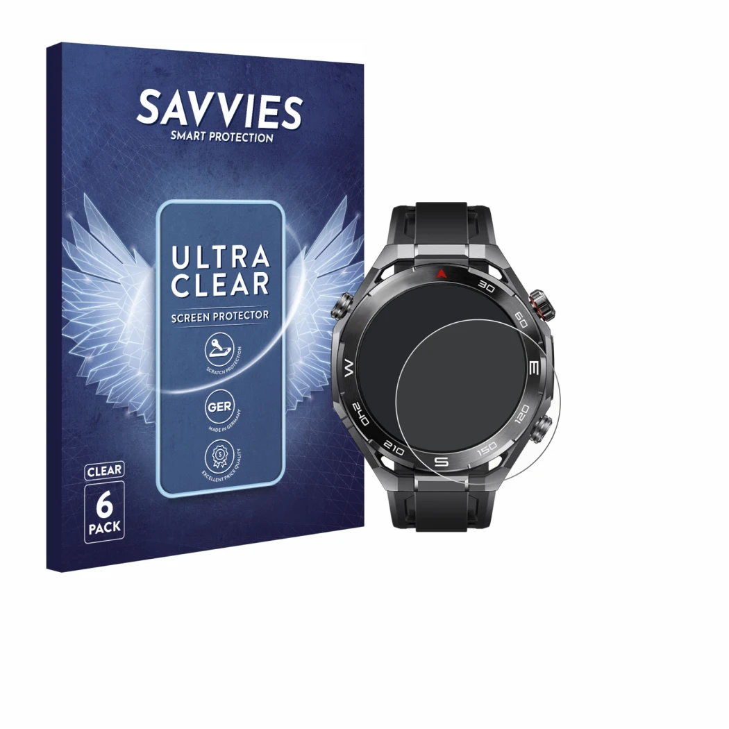 Vorderseite einer Produktverpackung mit dem Markenlogo Savvies. Daneben ist das Gerät Huawei Watch Ultimate 2 Black mit dem zu