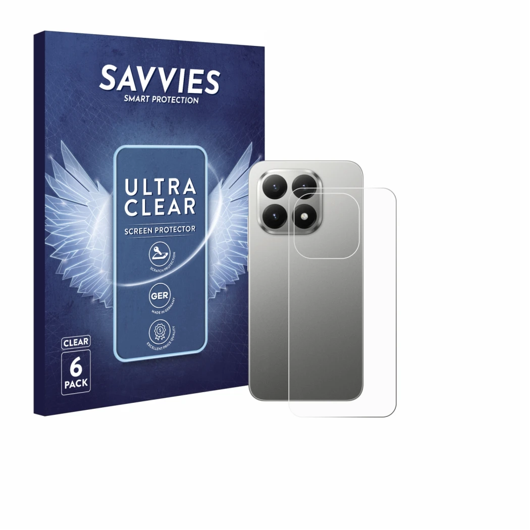 Vorderseite einer Produktverpackung mit dem Markenlogo Savvies. Daneben ist das Gerät Xiaomi 15T (Rückseite) mit dem zugehörig