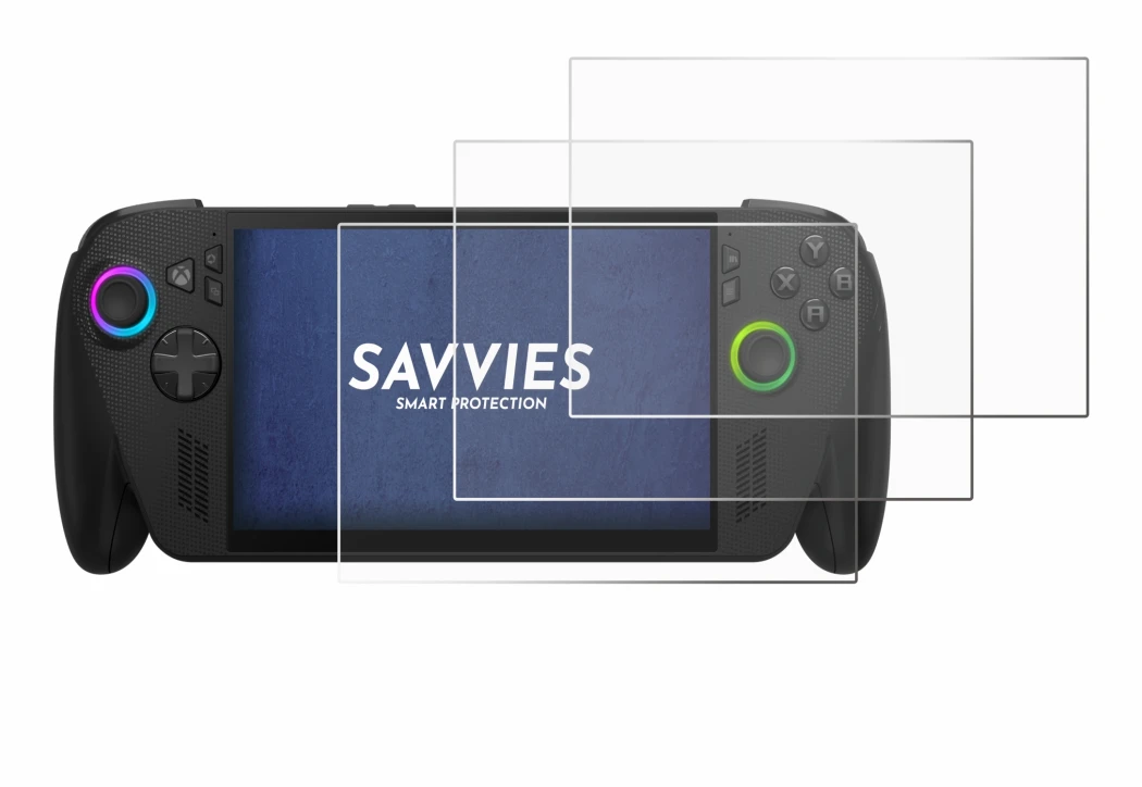 Abbildung des Geräts ASUS ROG Ally X 2025 mit einer Vielzahl des Displayschutzes.