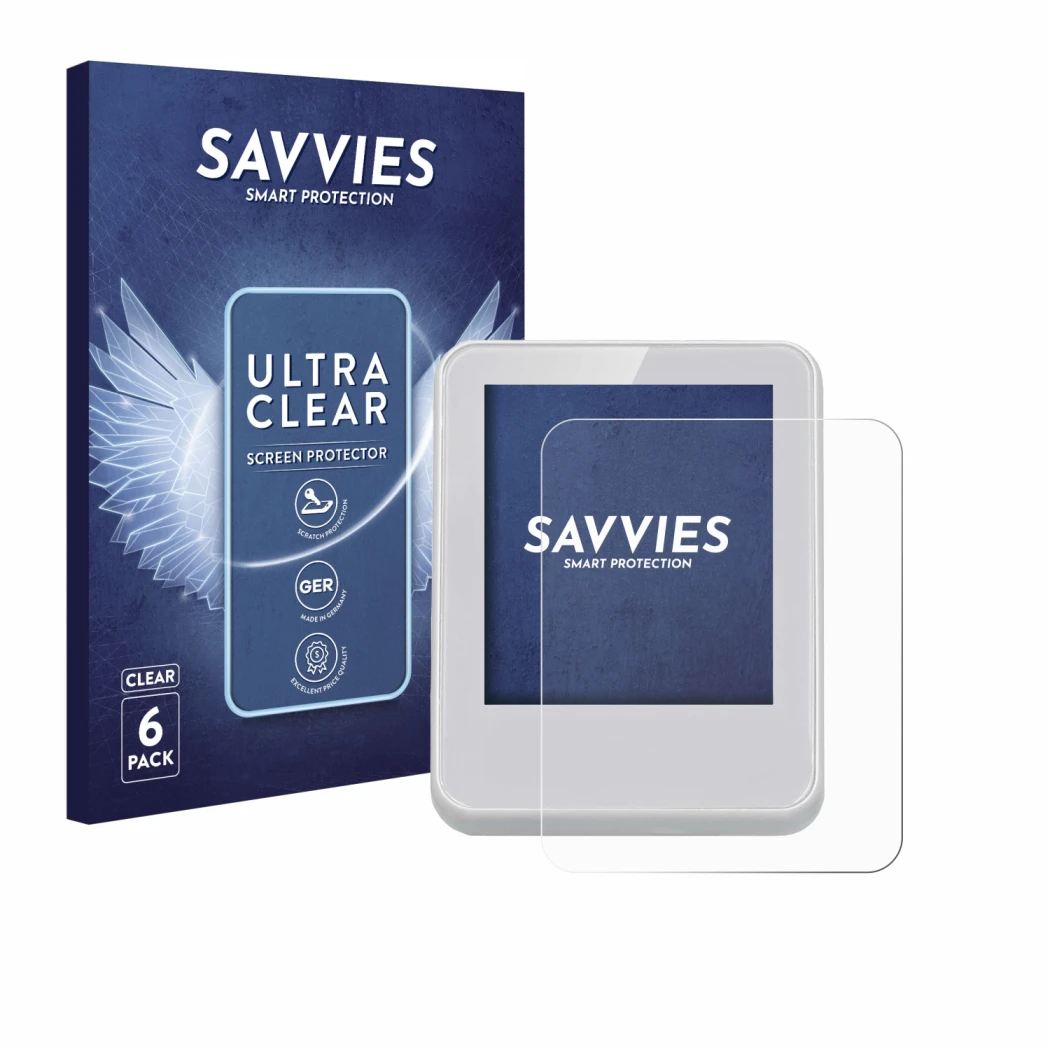 Vorderseite einer Produktverpackung mit dem Markenlogo Savvies. Daneben ist das Gerät Bresser ClimaTemp Digitales Raumthermome