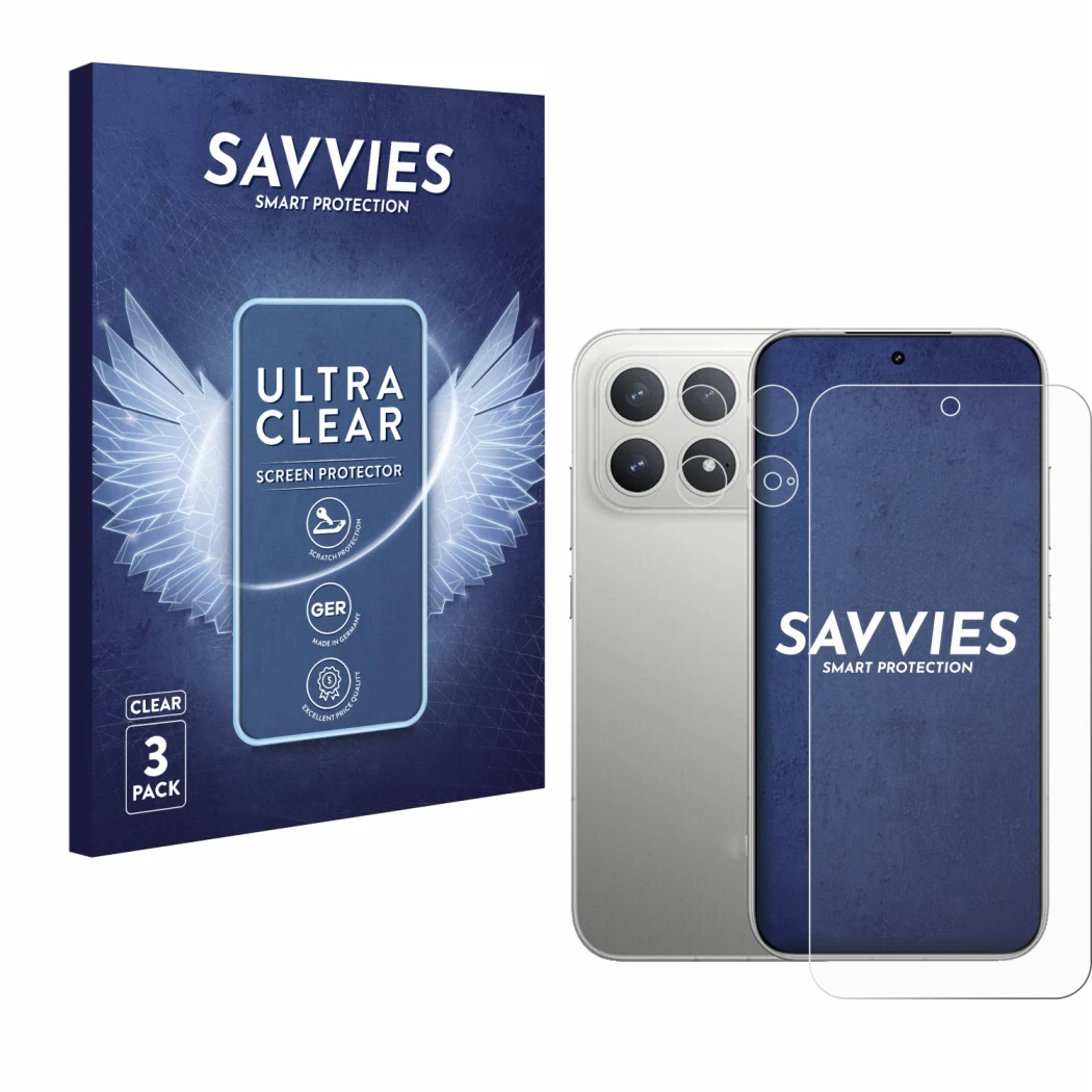 Vorderseite einer Produktverpackung mit dem Markenlogo Savvies. Daneben ist das Gerät Xiaomi Poco F8 Pro (Display+Kamera) mit 