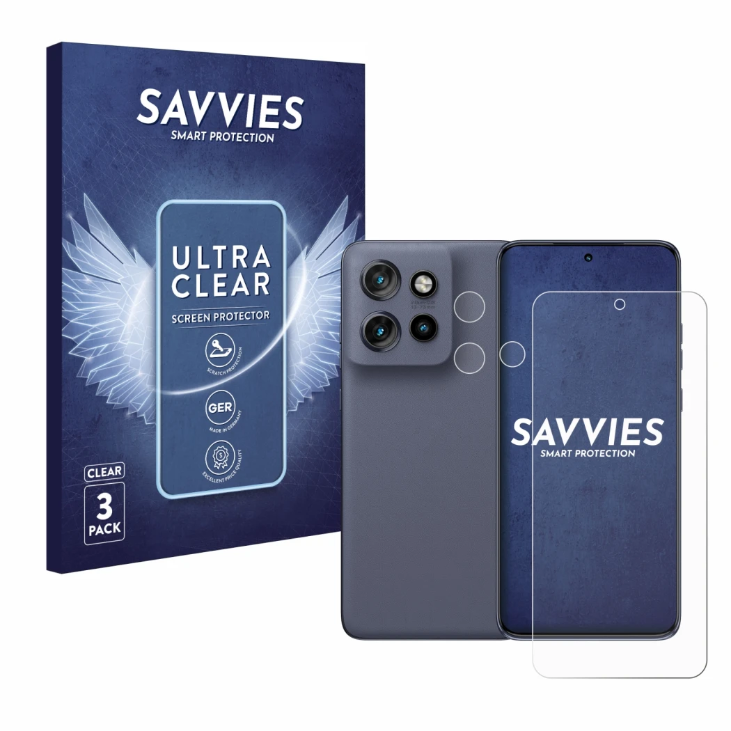 Vorderseite einer Produktverpackung mit dem Markenlogo Savvies. Daneben ist das Gerät Motorola Edge 60 Neo (Display+Kamera) mi