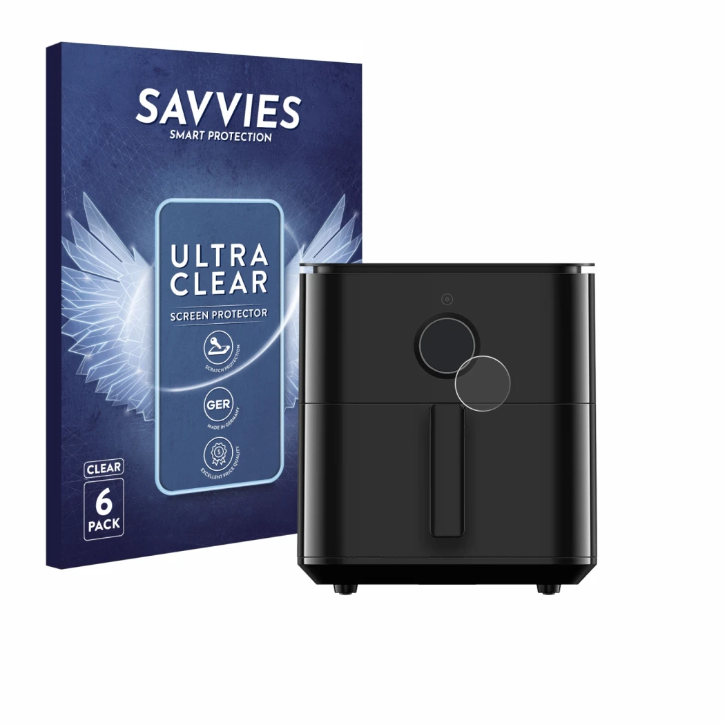Vorderseite einer Produktverpackung mit dem Markenlogo Savvies. Daneben ist das Gerät Xiaomi Air Fryer 6.5 L mit dem zugehörig