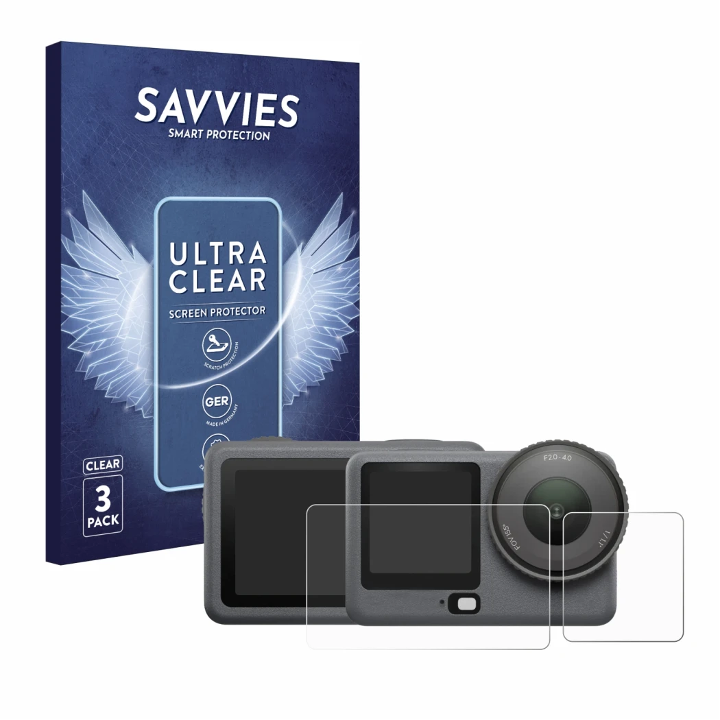Vorderseite einer Produktverpackung mit dem Markenlogo Savvies. Daneben ist das Gerät DJI Osmo Action 6 mit dem zugehörigen Di