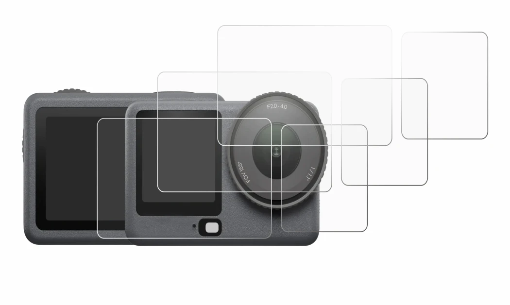 Abbildung des Geräts DJI Osmo Action 6 mit einer Vielzahl des Displayschutzes.