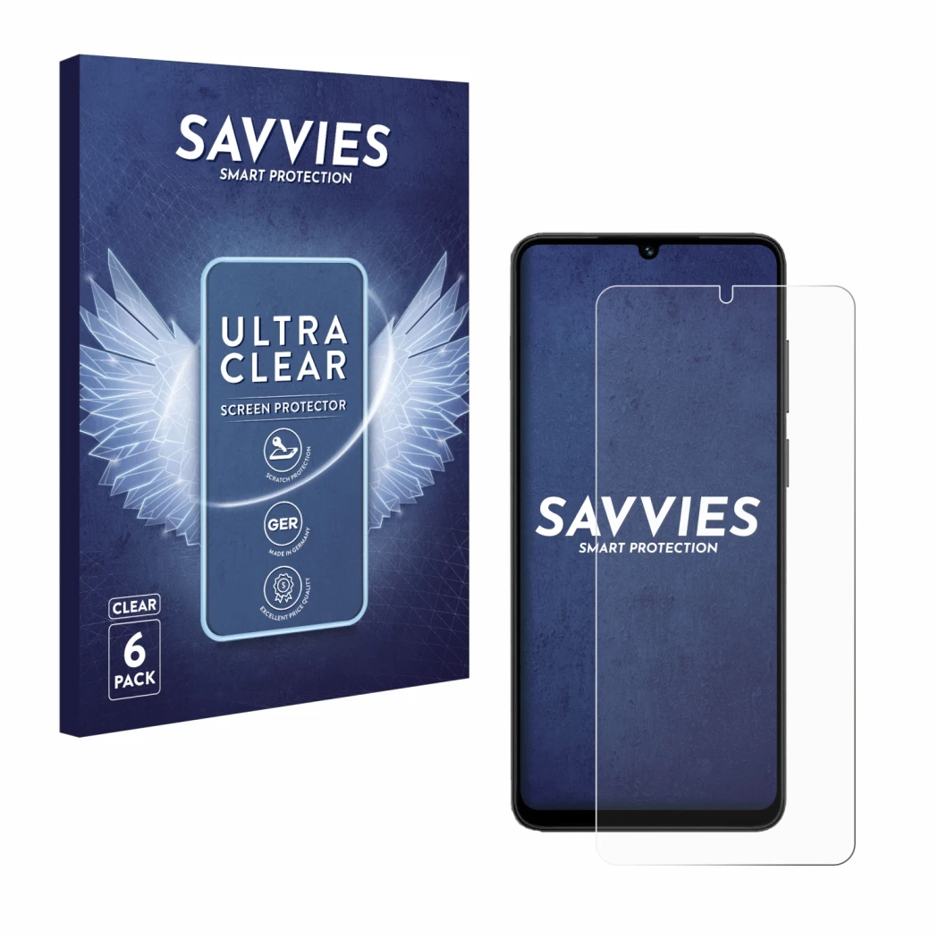 Vorderseite einer Produktverpackung mit dem Markenlogo Savvies. Daneben ist das Gerät Honor X5c Plus mit dem zugehörigen Displ