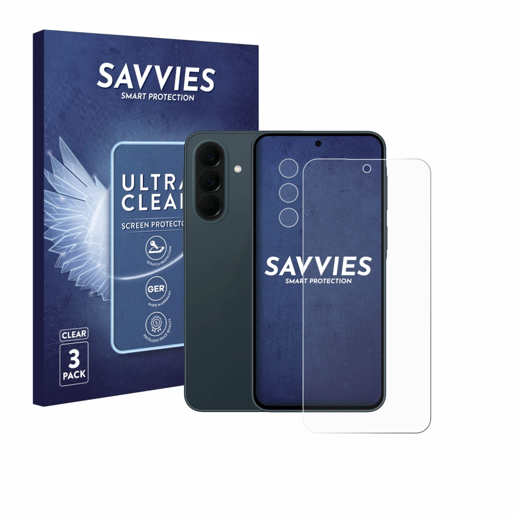 Vorderseite einer Produktverpackung mit dem Markenlogo Savvies. Daneben ist das Gerät Samsung Galaxy A37 5G (Display+Kamera) m