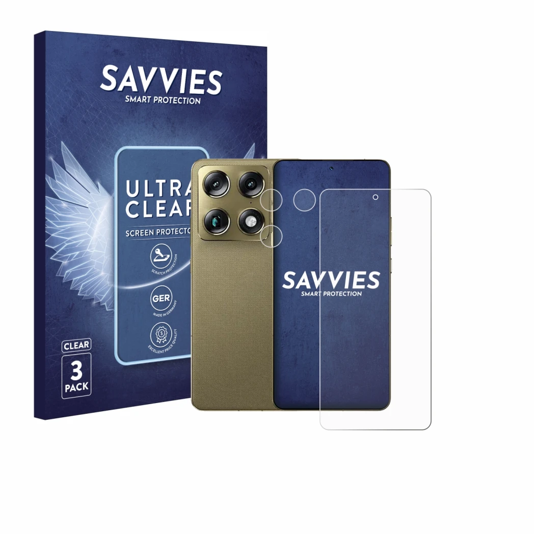 Vorderseite einer Produktverpackung mit dem Markenlogo Savvies. Daneben ist das Gerät Motorola Signature 165 (Display+Kamera) 