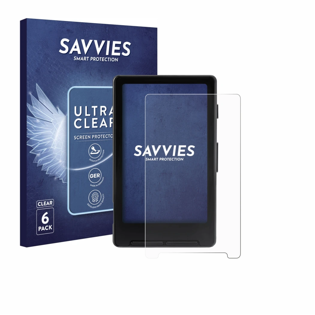 Vorderseite einer Produktverpackung mit dem Markenlogo Savvies. Daneben ist das Gerät Xteink X4 mit dem zugehörigen Displaysch