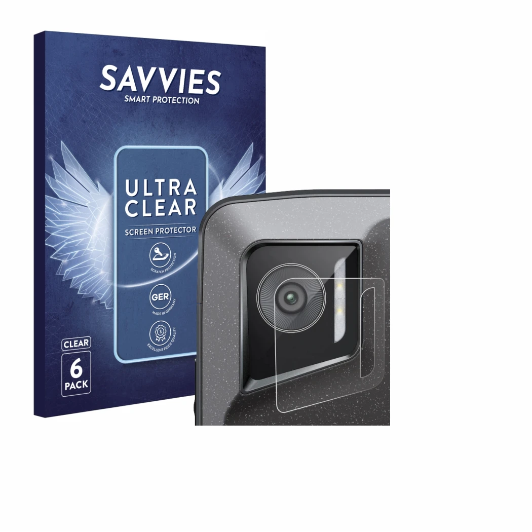 Vorderseite einer Produktverpackung mit dem Markenlogo Savvies. Daneben ist das Gerät Crosscall Stellar M6E (NUR Kameraschutz)