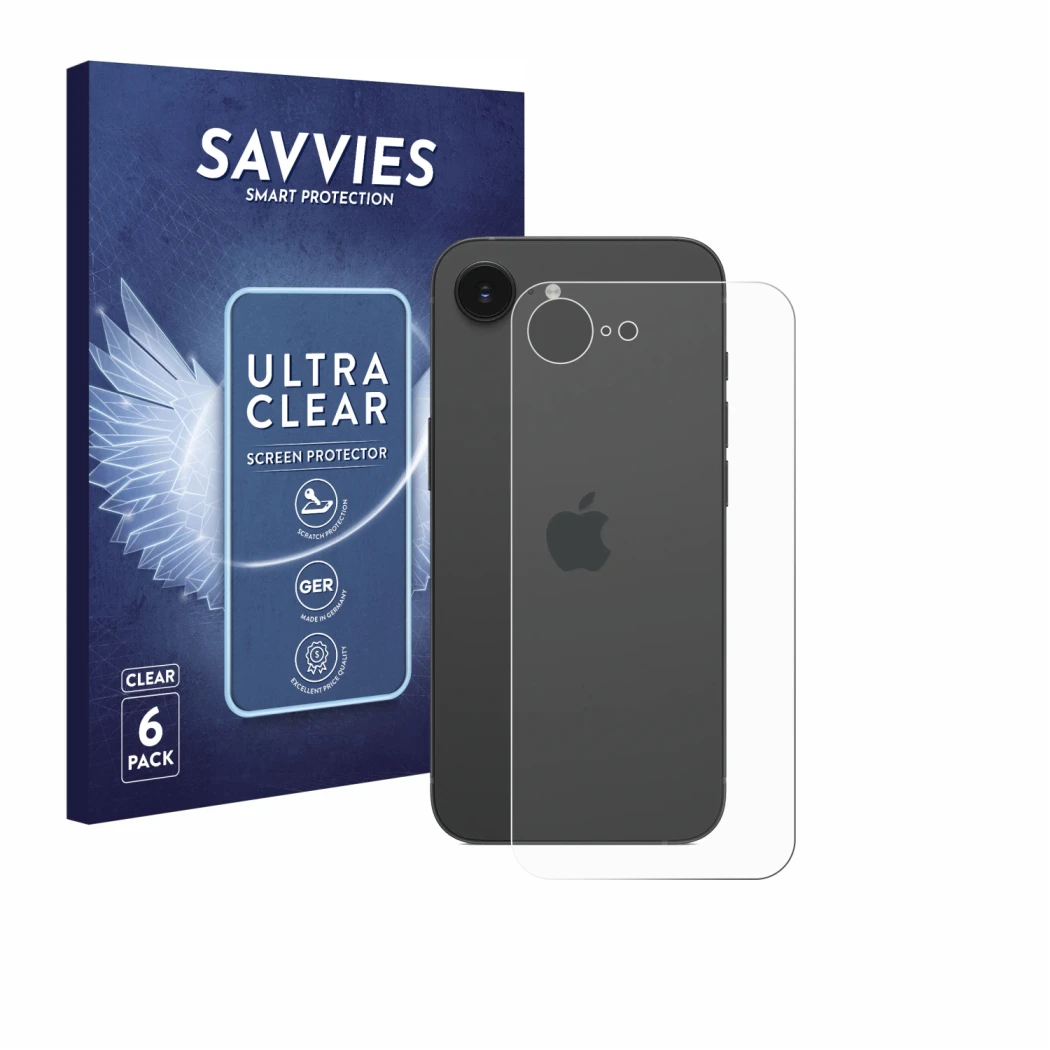 Vorderseite einer Produktverpackung mit dem Markenlogo Savvies. Daneben ist das Gerät Apple iPhone 17e (Rückseite) mit dem zug