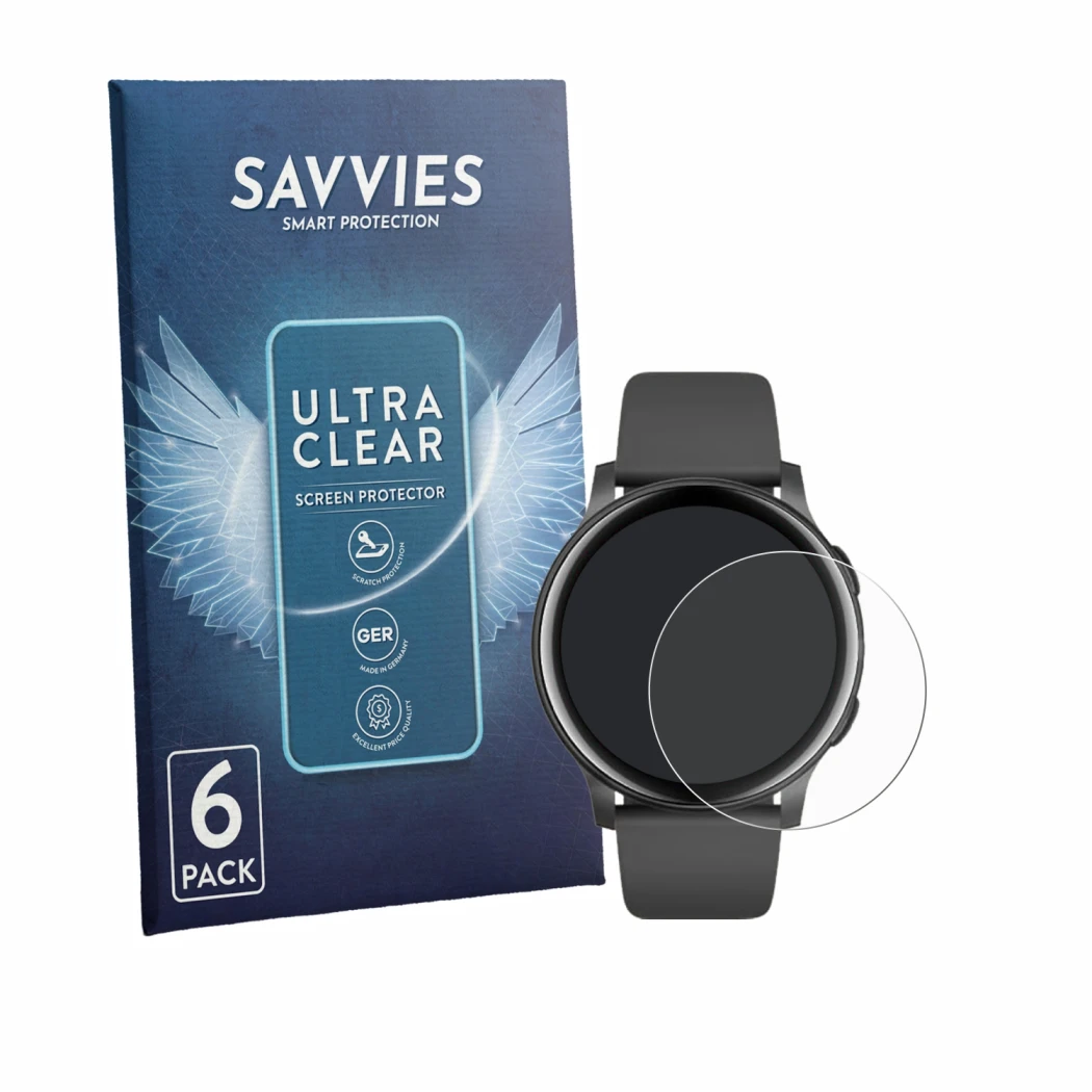 Vorderseite einer Produktverpackung mit dem Markenlogo Savvies. Daneben ist das Gerät AcclaFit D2 1.38