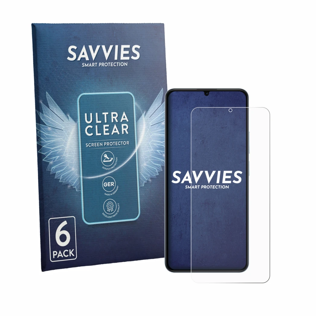 Vorderseite einer Produktverpackung mit dem Markenlogo Savvies. Daneben ist das Gerät realme Note 80 mit dem zugehörigen Displ