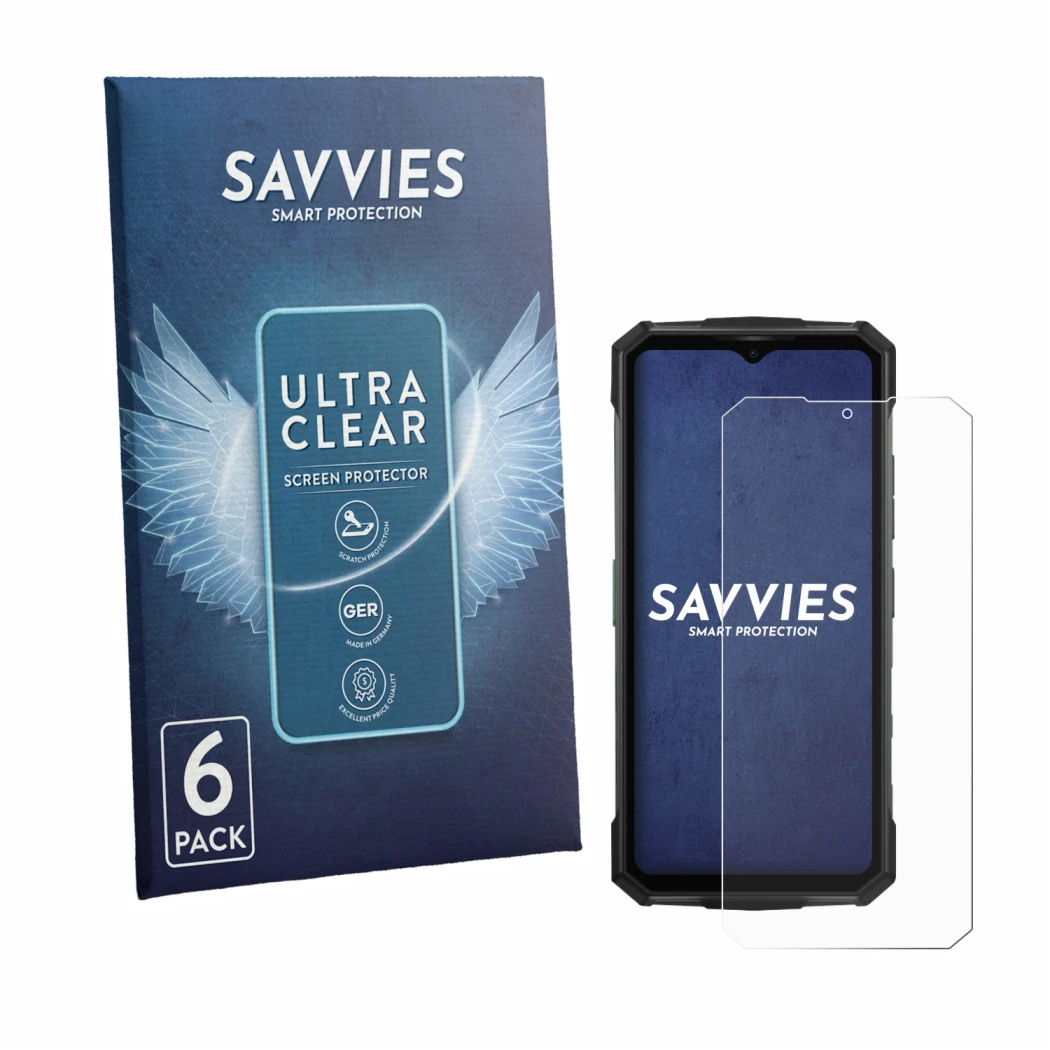 Vorderseite einer Produktverpackung mit dem Markenlogo Savvies. Daneben ist das Gerät Doogee Fire 7 Pro mit dem zugehörigen Di