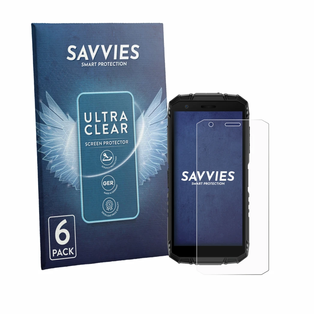 Vorderseite einer Produktverpackung mit dem Markenlogo Savvies. Daneben ist das Gerät Doogee Fire 3 mit dem zugehörigen Displa