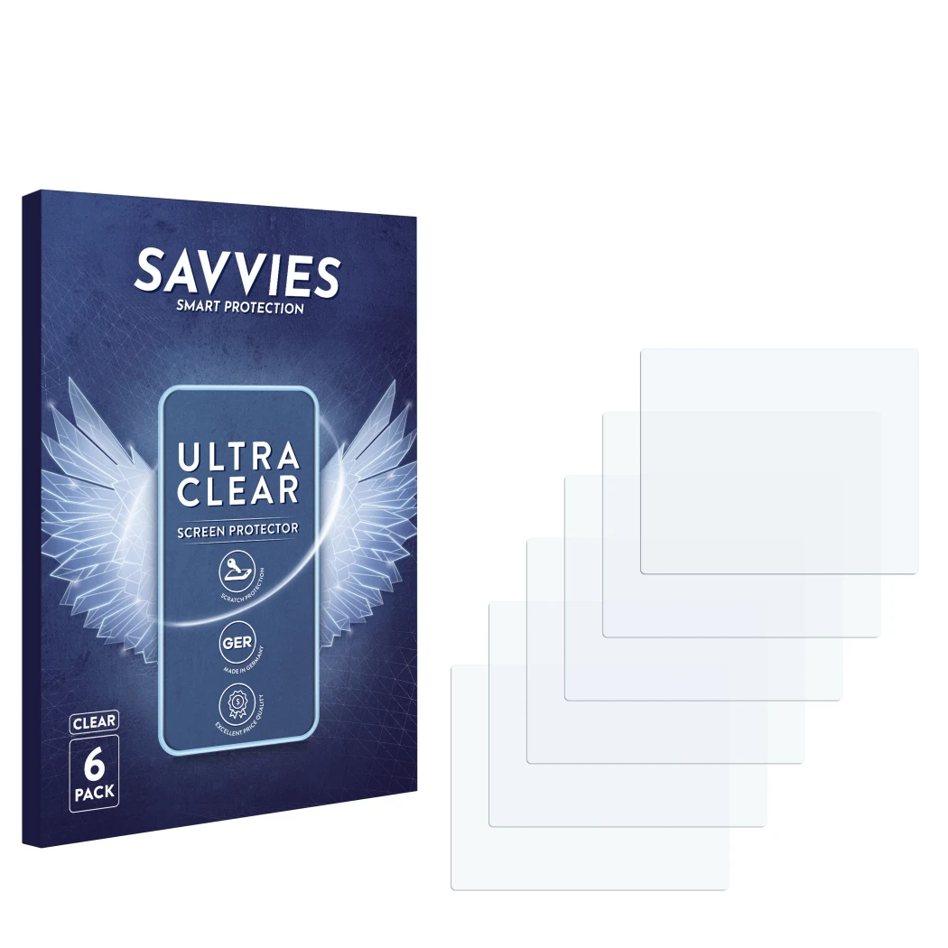 Vorderseite einer Produktverpackung mit dem Markenlogo Savvies. Daneben ist der zugehörige Displayschutz.