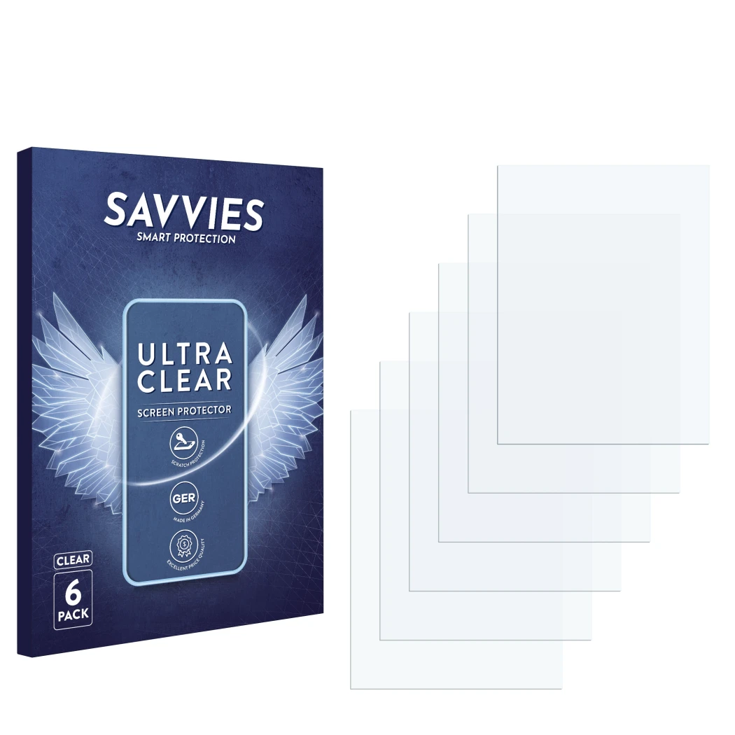 Vorderseite einer Produktverpackung mit dem Markenlogo Savvies. Daneben ist der zugehörige Displayschutz.