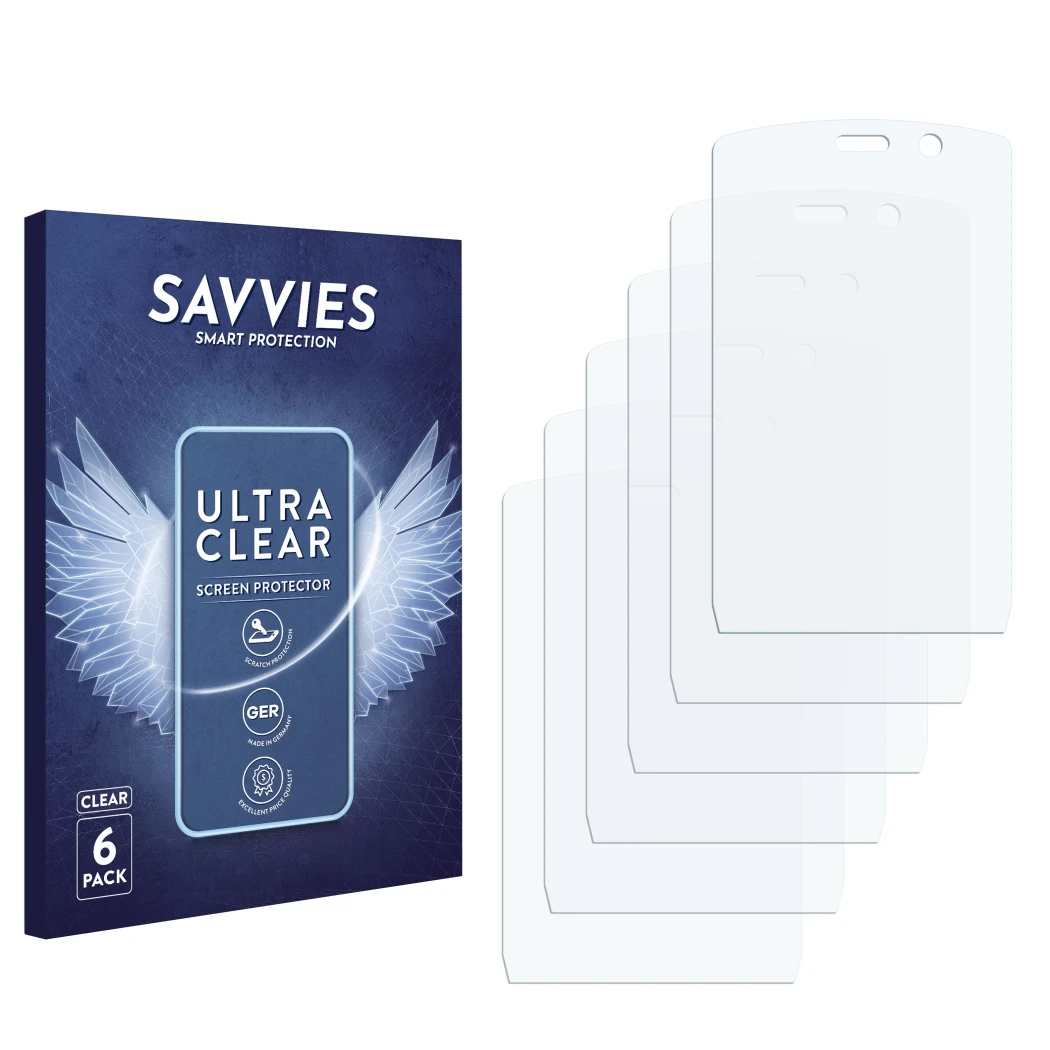 Vorderseite einer Produktverpackung mit dem Markenlogo Savvies. Daneben ist der zugehörige Displayschutz.