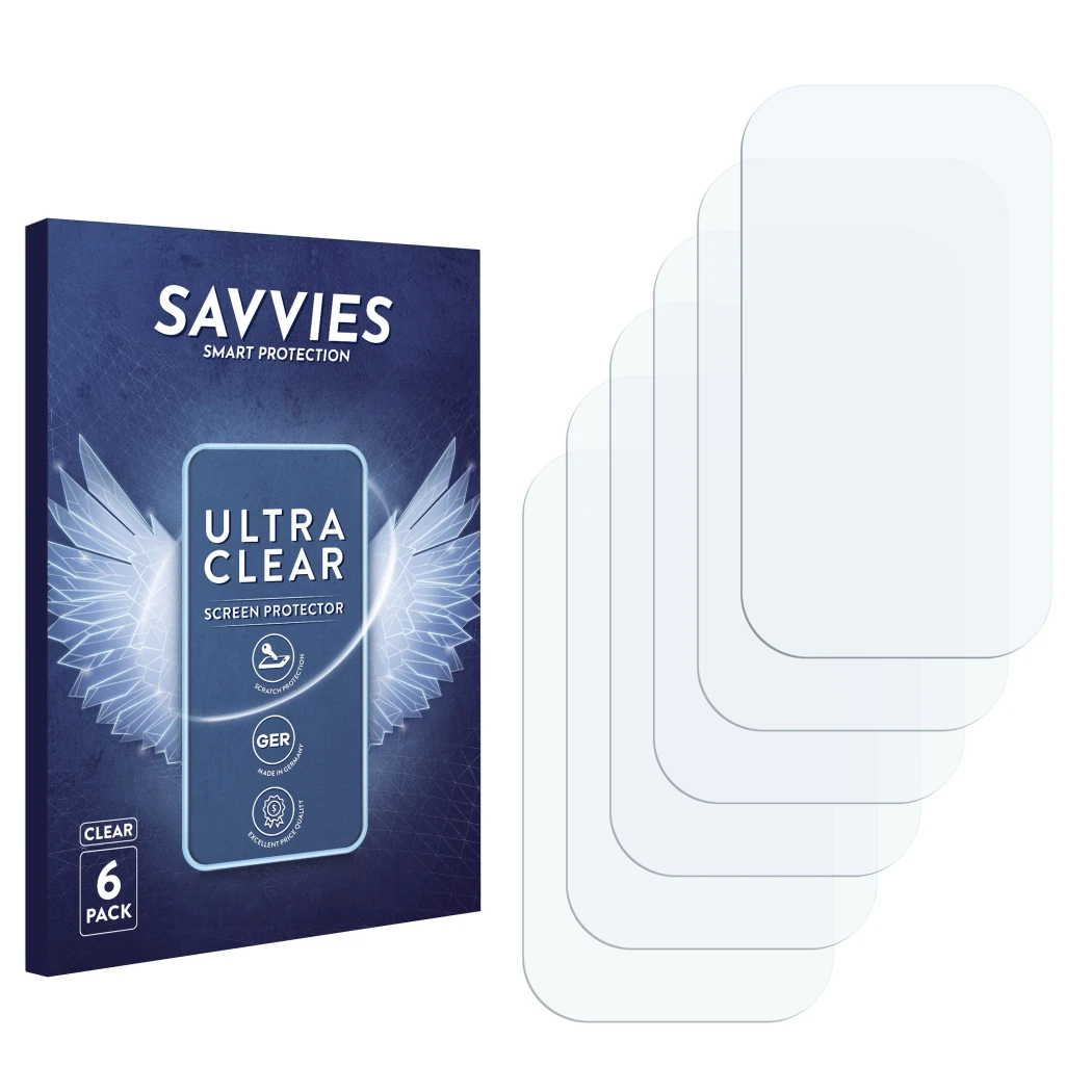 Vorderseite einer Produktverpackung mit dem Markenlogo Savvies. Daneben ist der zugehörige Displayschutz.