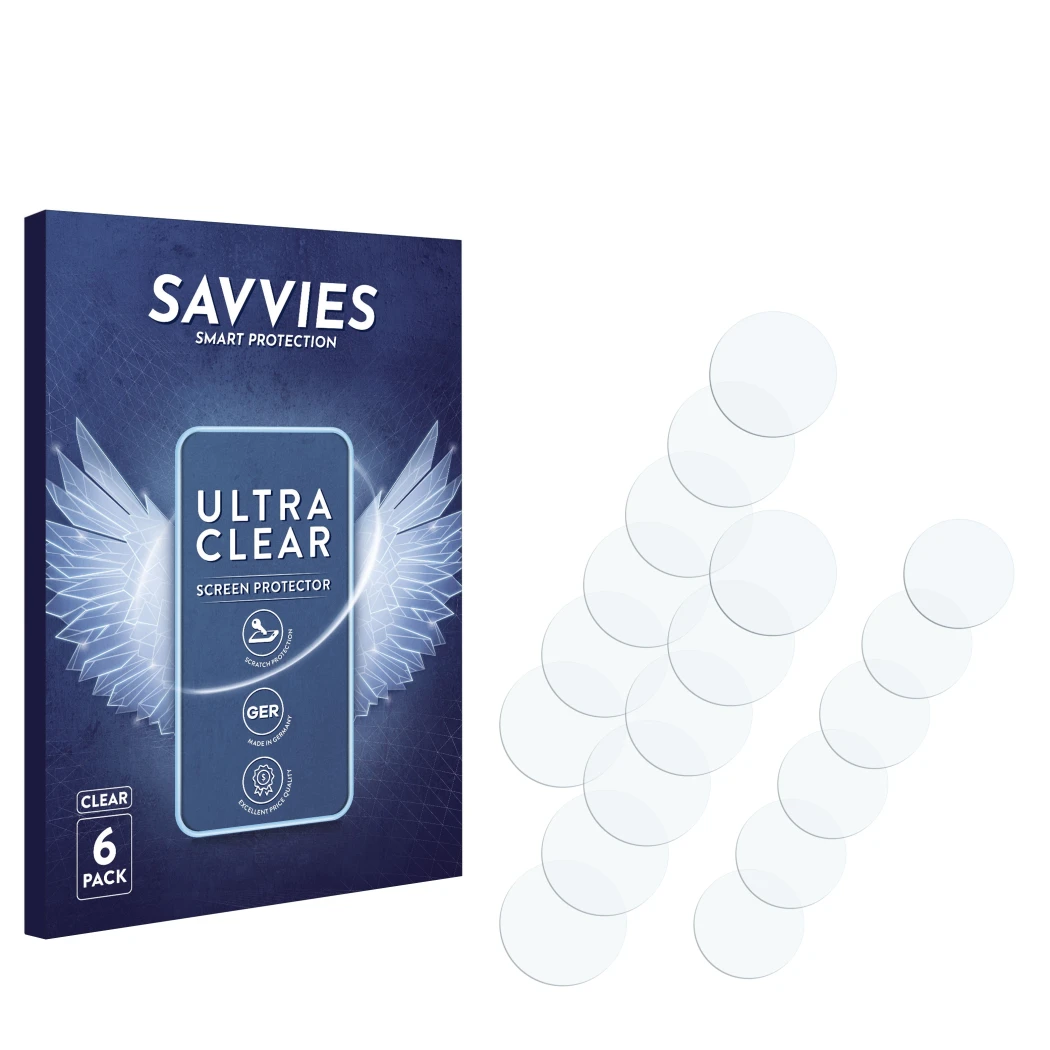 Vorderseite einer Produktverpackung mit dem Markenlogo Savvies. Daneben ist der zugehörige Displayschutz.