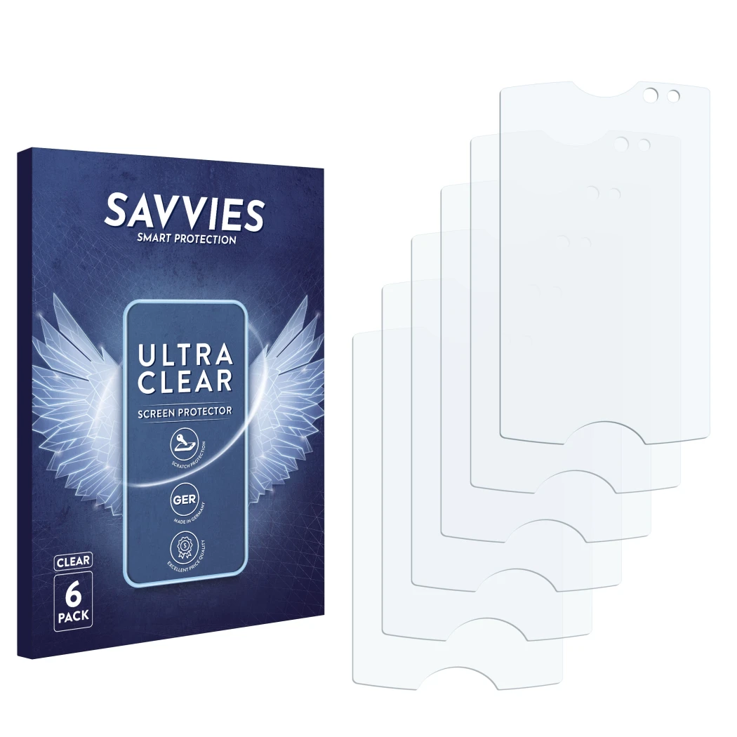 Vorderseite einer Produktverpackung mit dem Markenlogo Savvies. Daneben ist der zugehörige Displayschutz.