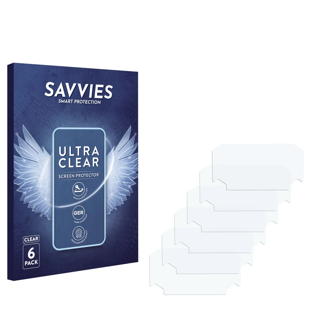 Vorderseite einer Produktverpackung mit dem Markenlogo Savvies. Daneben ist der zugehörige Displayschutz.