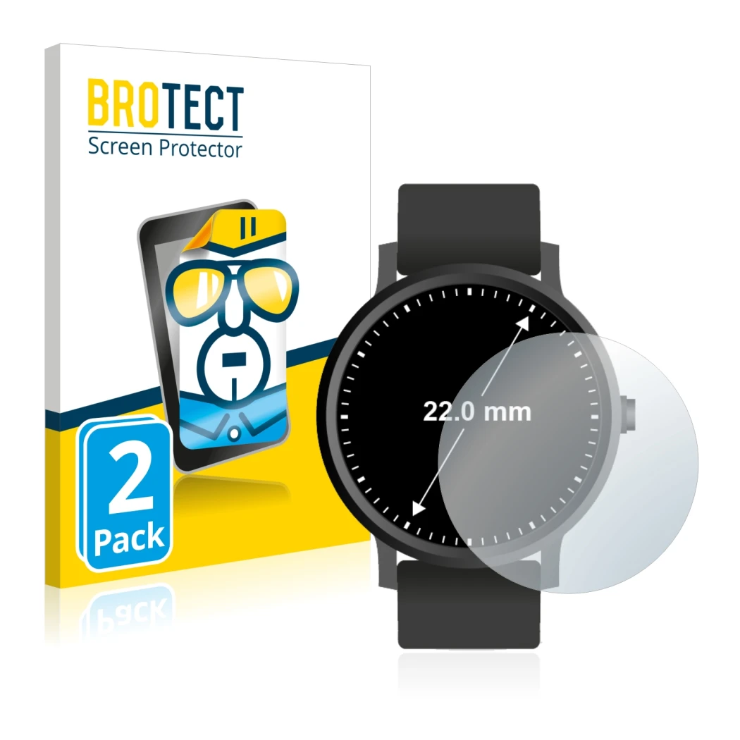 Vorderseite einer Produktverpackung mit dem Markenlogo BROTECT. Daneben ist das Gerät Armbanduhren (Kreisrund, ø: 22 mm) mit d