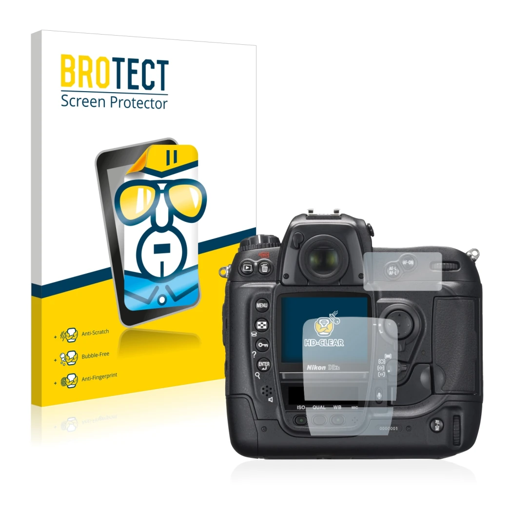 Vorderseite einer Produktverpackung mit dem Markenlogo BROTECT. Daneben ist das Gerät Nikon D2X mit dem zugehörigen Displaysch