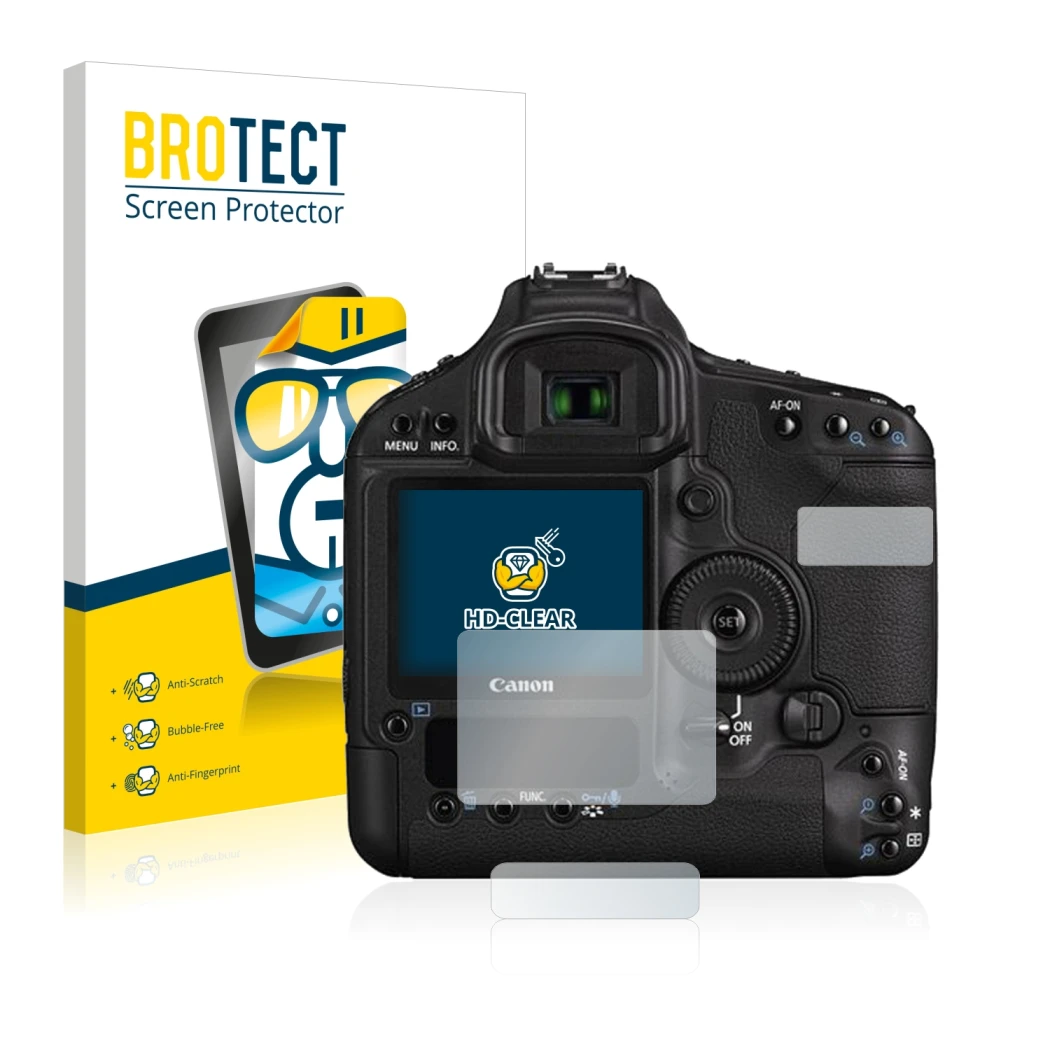Vorderseite einer Produktverpackung mit dem Markenlogo BROTECT. Daneben ist das Gerät Canon EOS 1D Mark III mit dem zugehörige