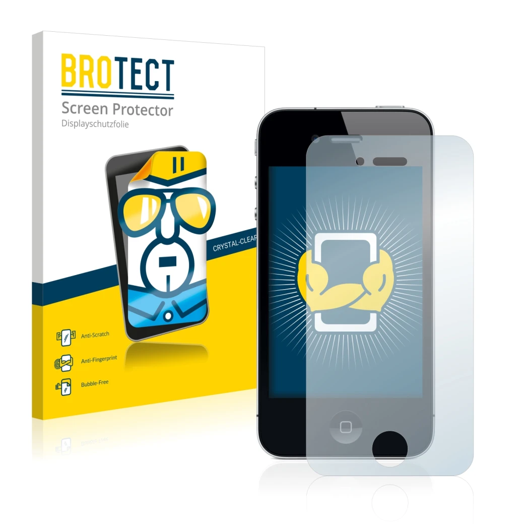 Vorderseite einer Produktverpackung mit dem Markenlogo BROTECT. Daneben ist das Gerät Apple iPhone 4 mit dem zugehörigen Displ