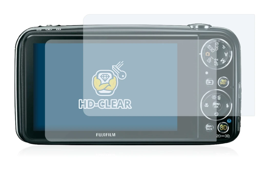 Abbildung des Geräts Fujifilm FinePix Real 3D W3 mit einer Vielzahl des Displayschutzes.