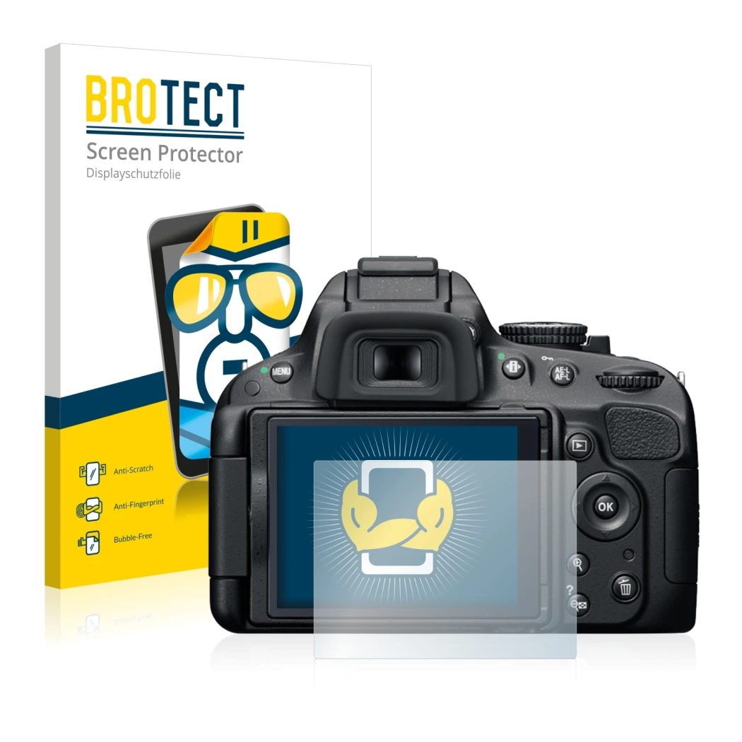 Vorderseite einer Produktverpackung mit dem Markenlogo BROTECT. Daneben ist das Gerät Nikon D5100 mit dem zugehörigen Displays