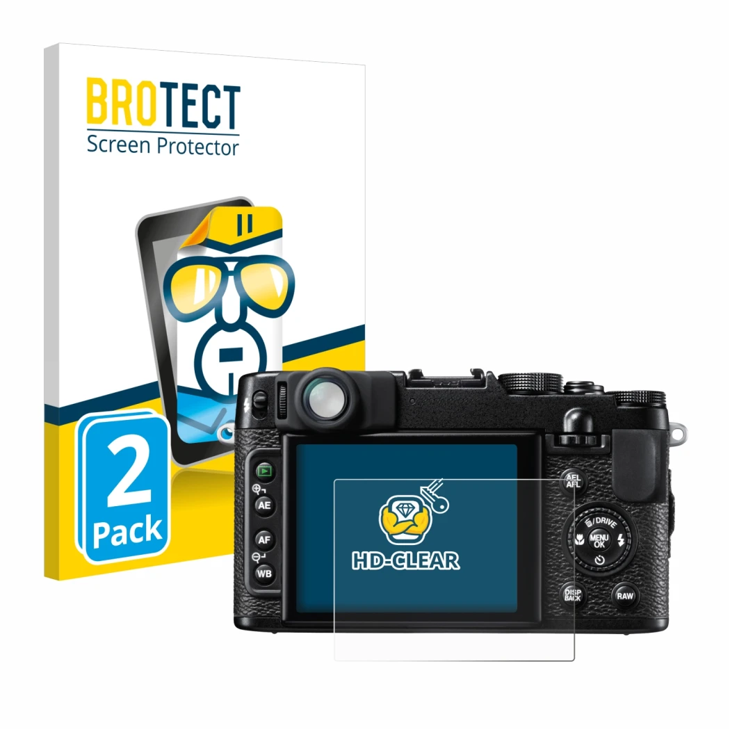 Vorderseite einer Produktverpackung mit dem Markenlogo BROTECT. Daneben ist das Gerät Fujifilm FinePix X10 mit dem zugehörigen
