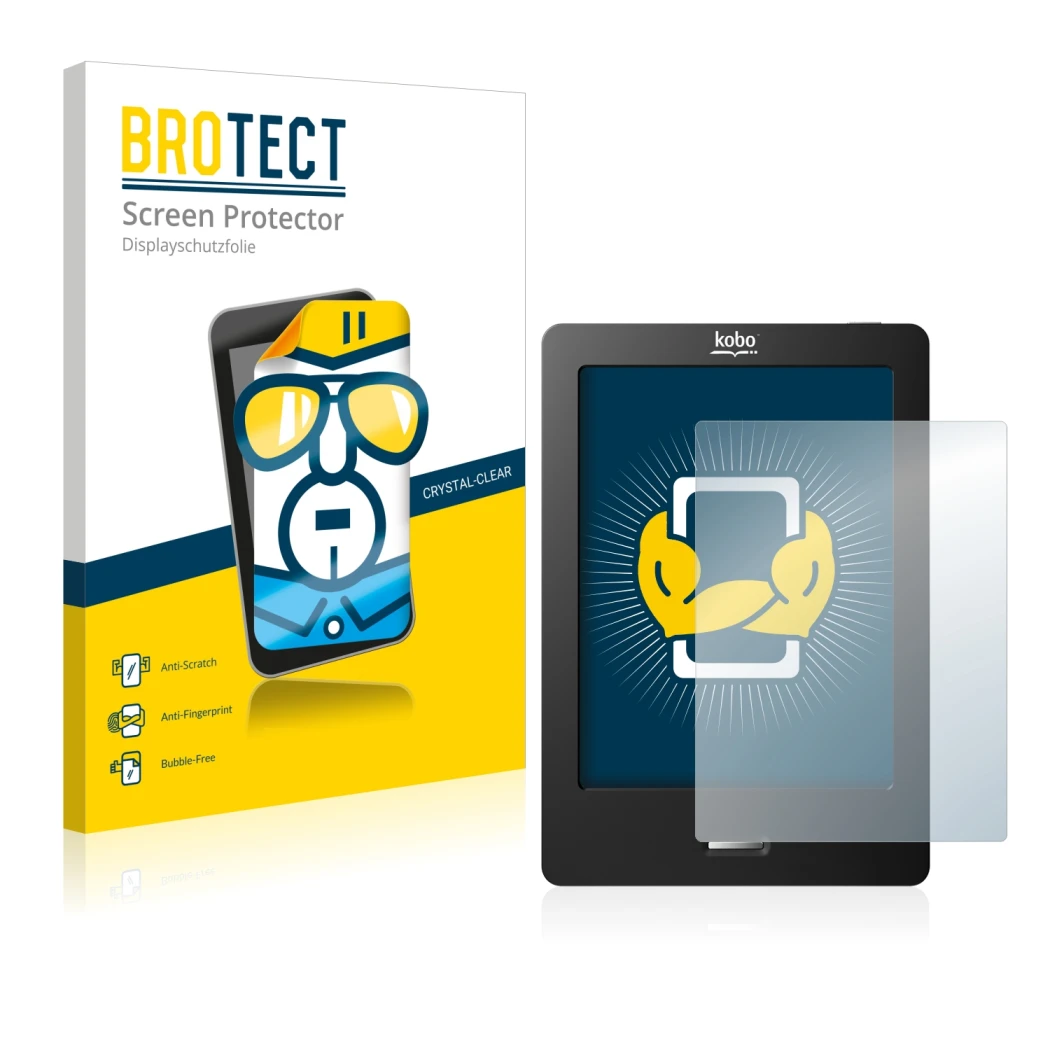 Vorderseite einer Produktverpackung mit dem Markenlogo BROTECT. Daneben ist das Gerät Kobo eReader Touch mit dem zugehörigen D