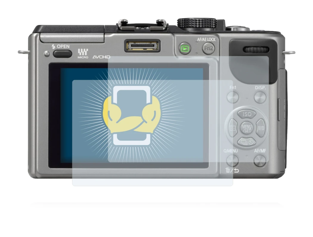 Abbildung des Geräts Panasonic Lumix DMC-GX1 mit einer Vielzahl des Displayschutzes.