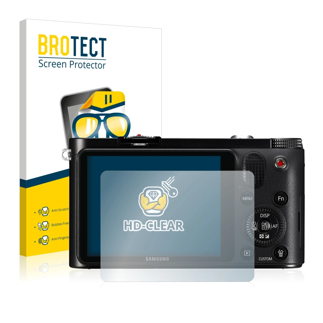 Vorderseite einer Produktverpackung mit dem Markenlogo BROTECT. Daneben ist das Gerät Samsung NX1000 mit dem zugehörigen Displ