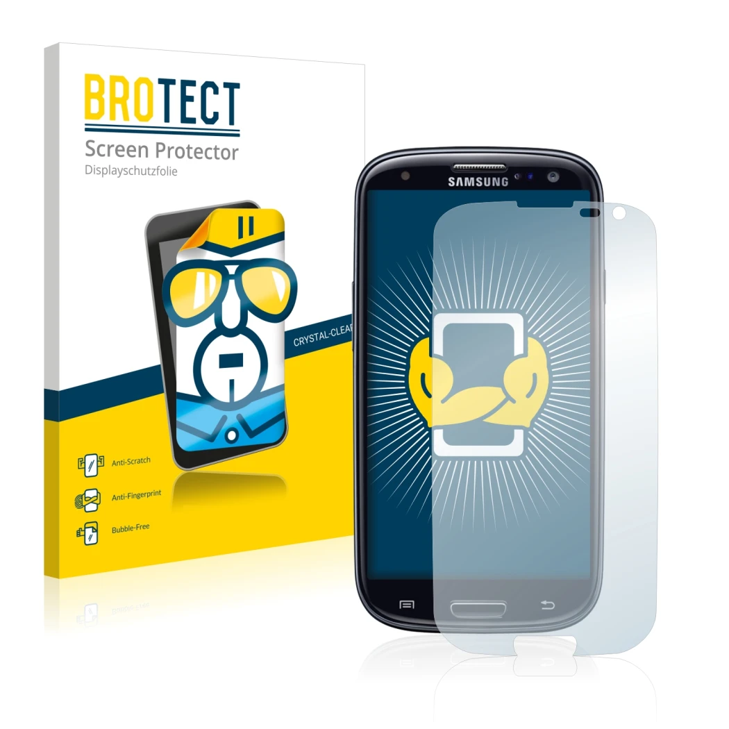 Vorderseite einer Produktverpackung mit dem Markenlogo BROTECT. Daneben ist das Gerät Samsung Galaxy S3 Neo I9300I mit dem zug