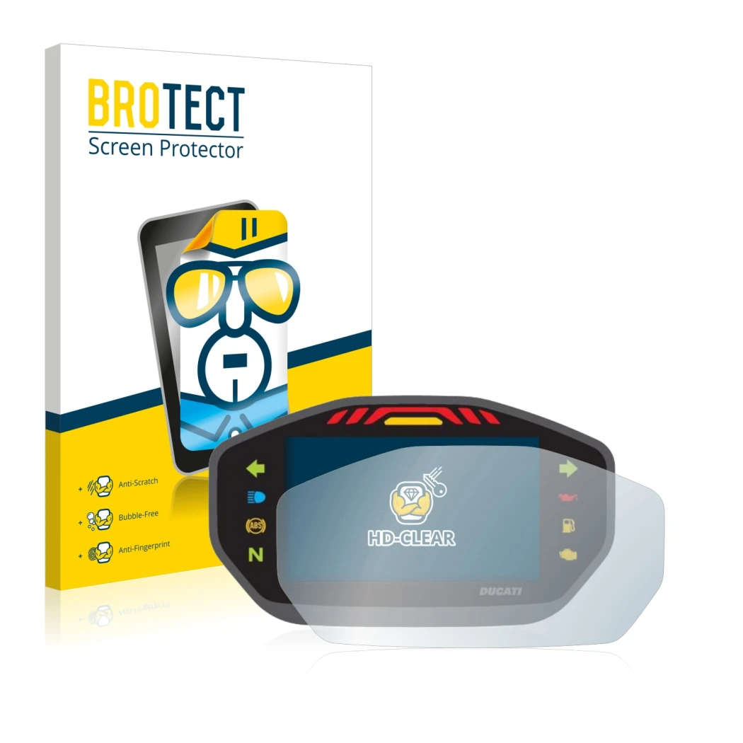 Vorderseite einer Produktverpackung mit dem Markenlogo BROTECT. Daneben ist das Gerät Ducati Monster 1200S Colour-TFT-Display