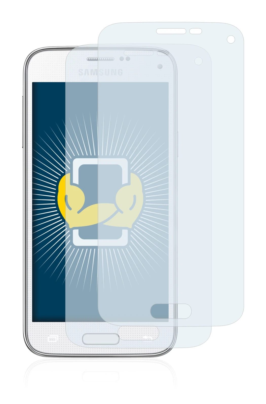 Abbildung des Geräts Samsung Galaxy S5 Mini SM-G800 mit einer Vielzahl des Displayschutzes.