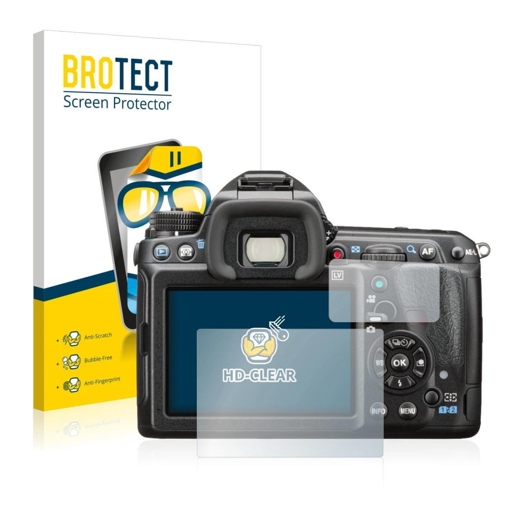 Vorderseite einer Produktverpackung mit dem Markenlogo BROTECT. Daneben ist das Gerät Pentax K-3 II mit dem zugehörigen Displa