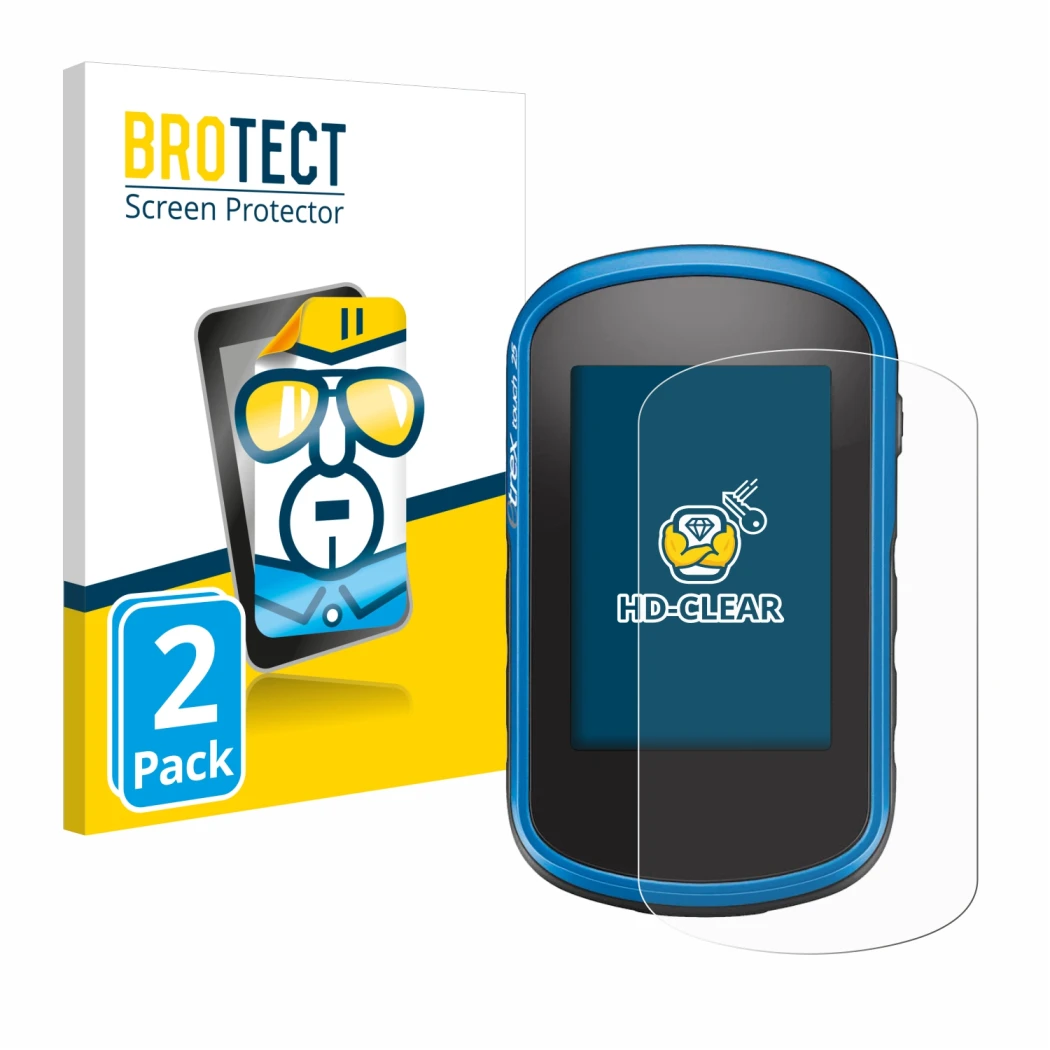 Vorderseite einer Produktverpackung mit dem Markenlogo BROTECT. Daneben ist das Gerät Garmin eTrex Touch 35 mit dem zugehörige