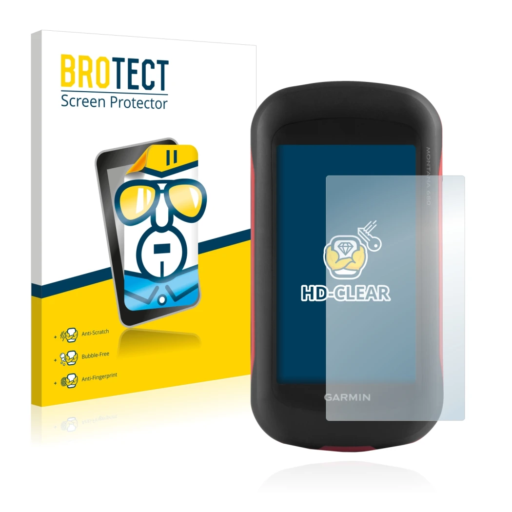 Vorderseite einer Produktverpackung mit dem Markenlogo BROTECT. Daneben ist das Gerät Garmin Montana 680 mit dem zugehörigen D