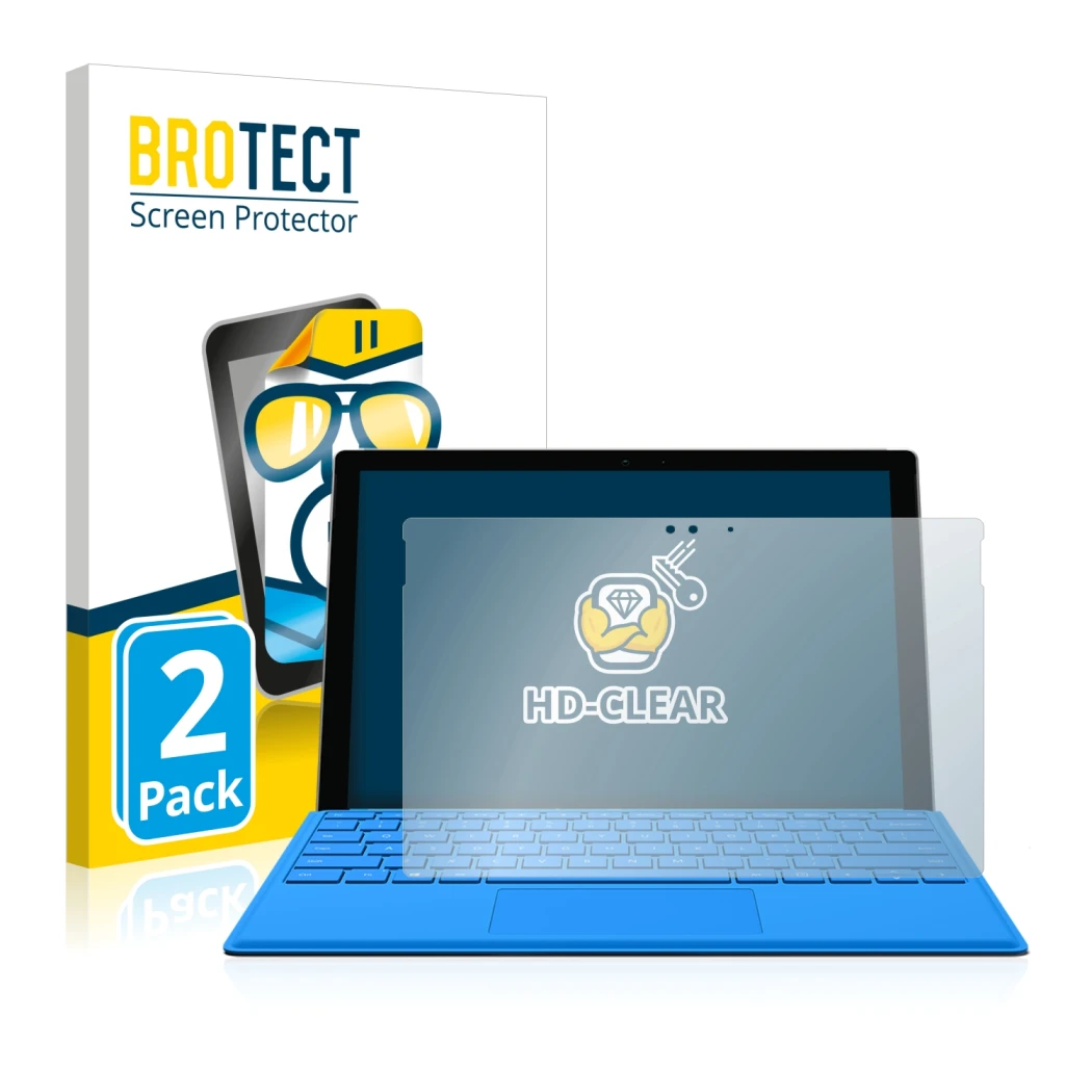 Vorderseite einer Produktverpackung mit dem Markenlogo BROTECT. Daneben ist das Gerät Microsoft Surface Pro 4 mit dem zugehöri