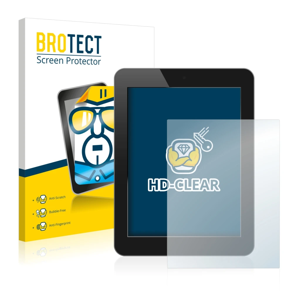 Vorderseite einer Produktverpackung mit dem Markenlogo BROTECT. Daneben ist das Gerät mit dem zugehörigen Displayschutz abgebi