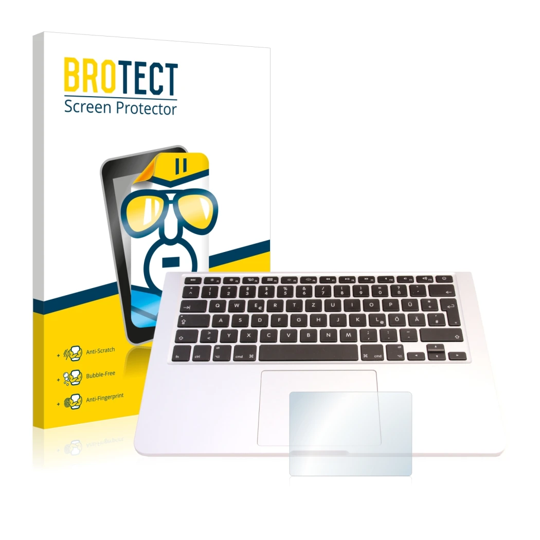 Vorderseite einer Produktverpackung mit dem Markenlogo BROTECT. Daneben ist das Gerät Apple MacBook Pro 13.3