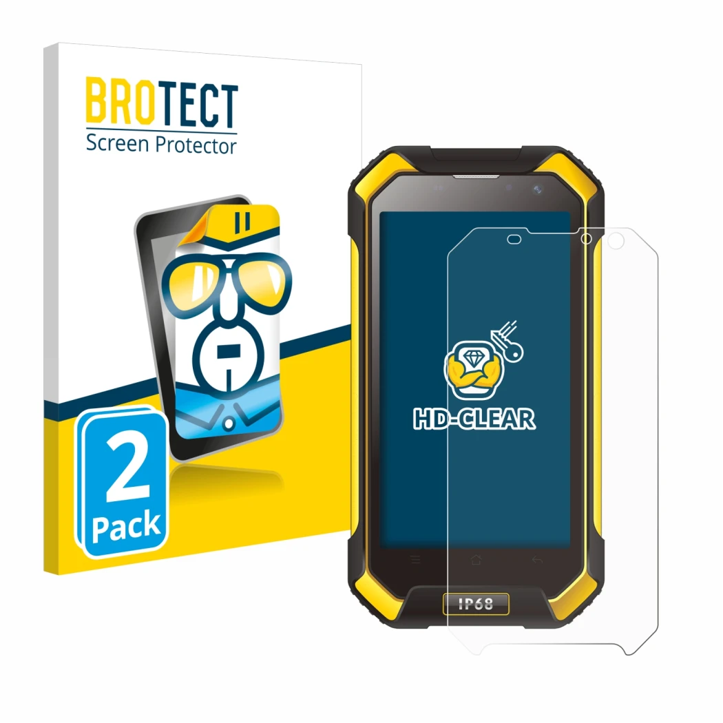 Vorderseite einer Produktverpackung mit dem Markenlogo BROTECT. Daneben ist das Gerät Blackview BV6000 mit dem zugehörigen Dis