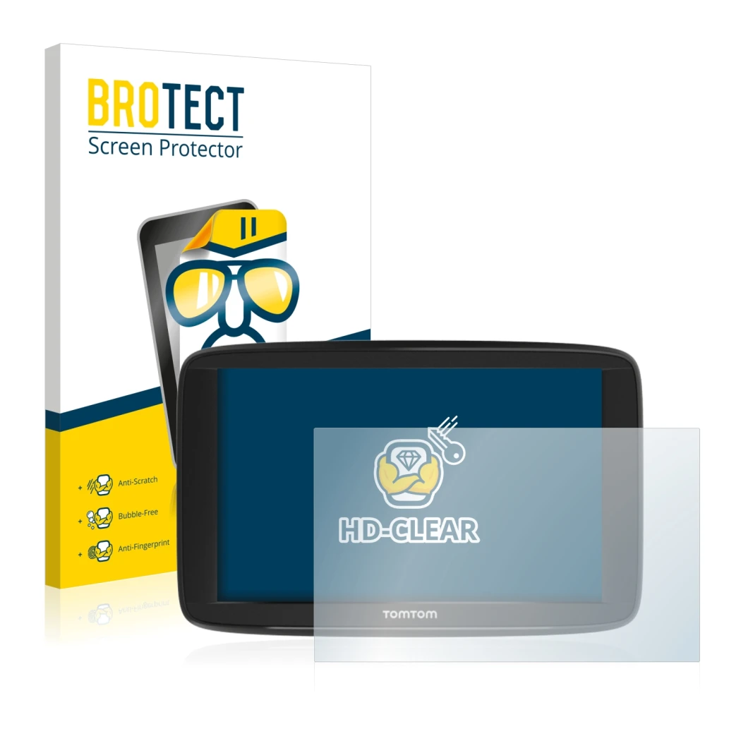 Vorderseite einer Produktverpackung mit dem Markenlogo BROTECT. Daneben ist das Gerät TomTom Start 62 mit dem zugehörigen Disp